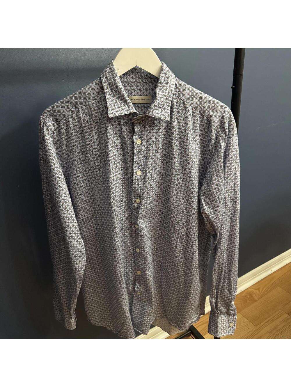 Etro 42 Men’s Button Up Shirt Geometric Print Blue Brown Made in Italy